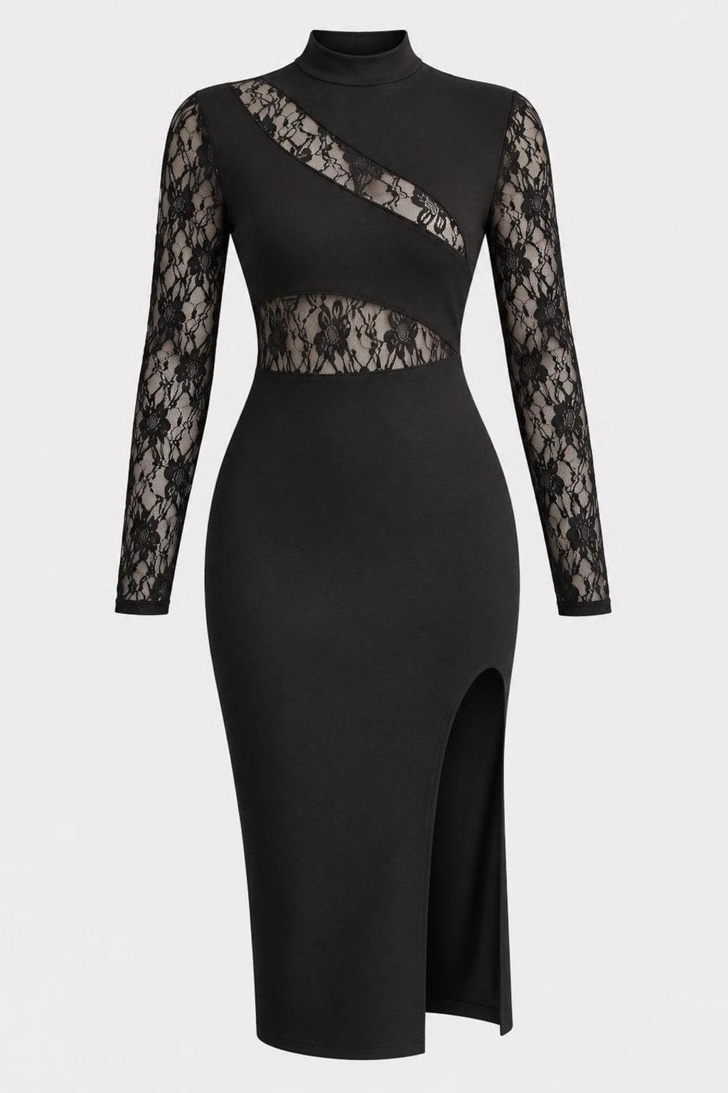 Polyester Dress With Lace Mock Neck - 1