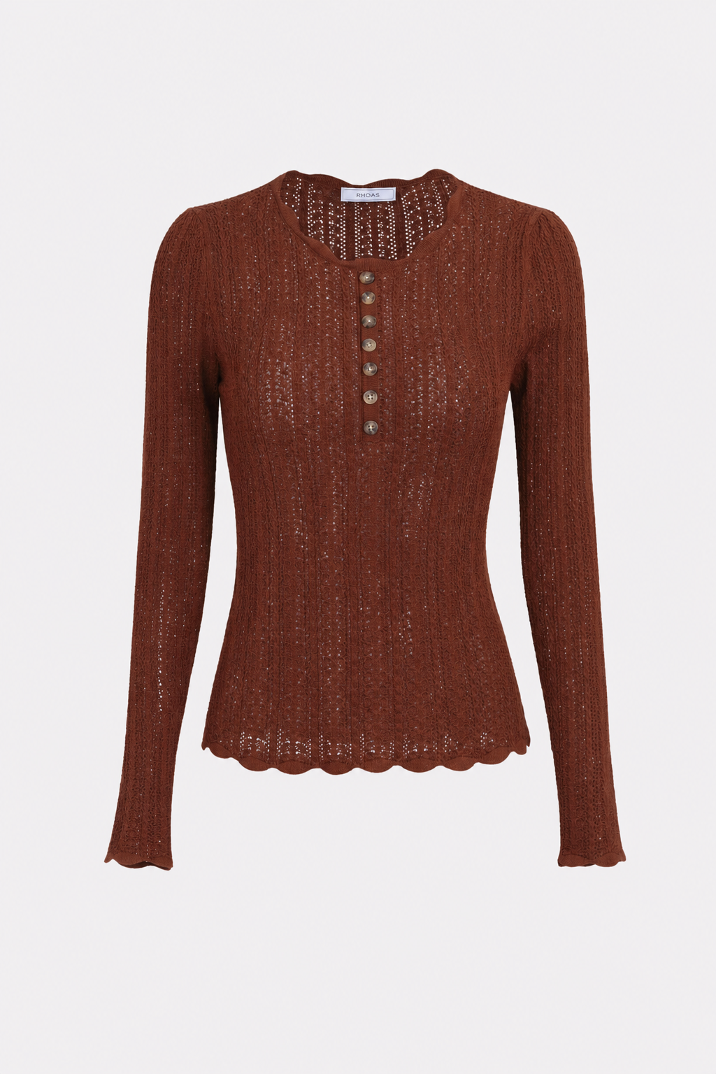 Brown slim round neck sweater with button trim