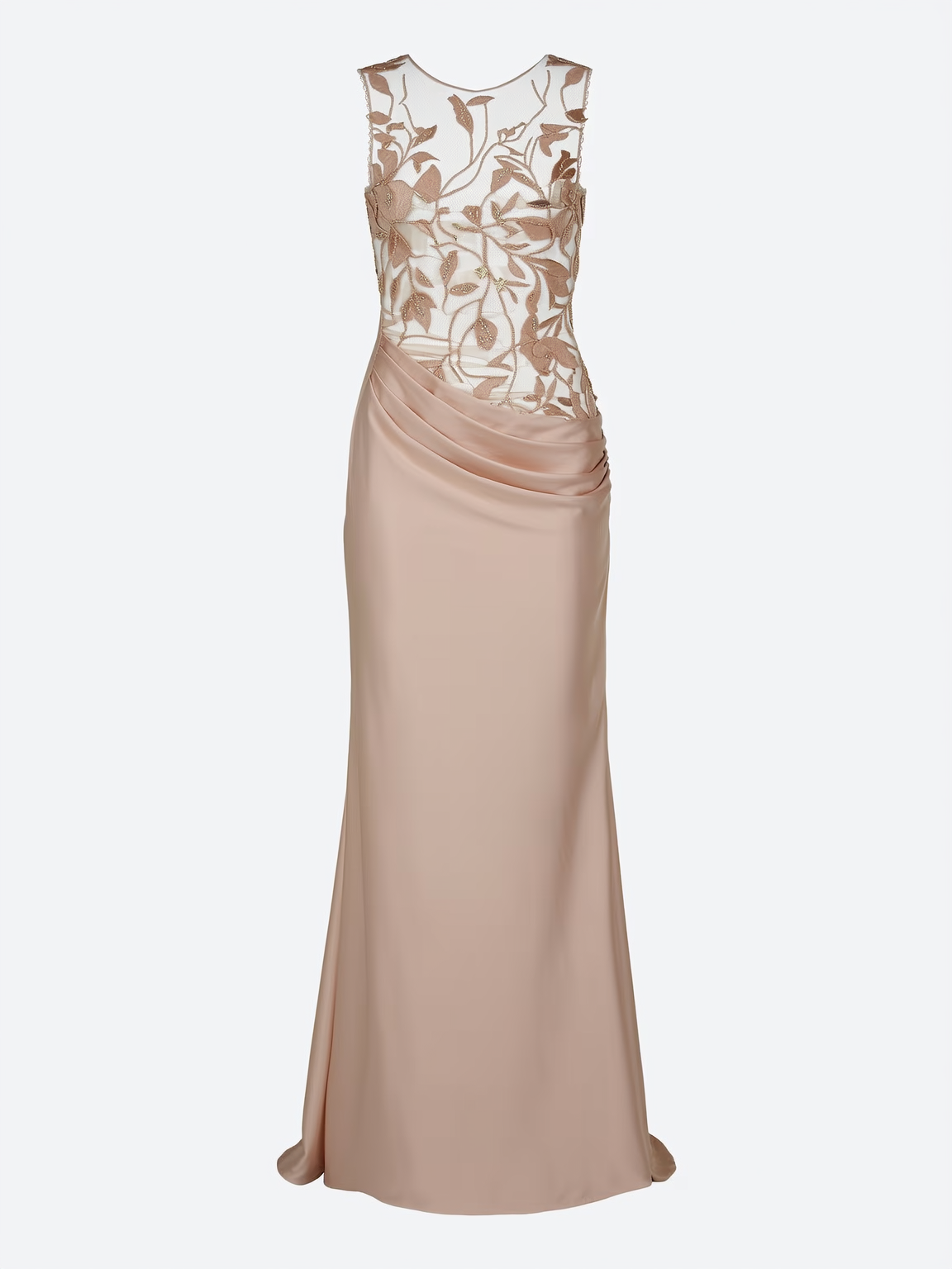 Satin maxi dress with embroidered mesh overlay