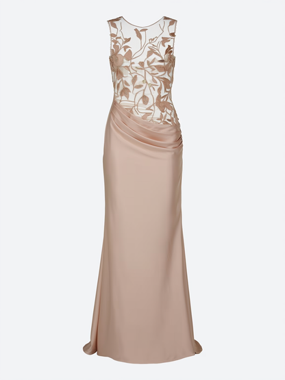 Satin maxi dress with embroidered mesh overlay