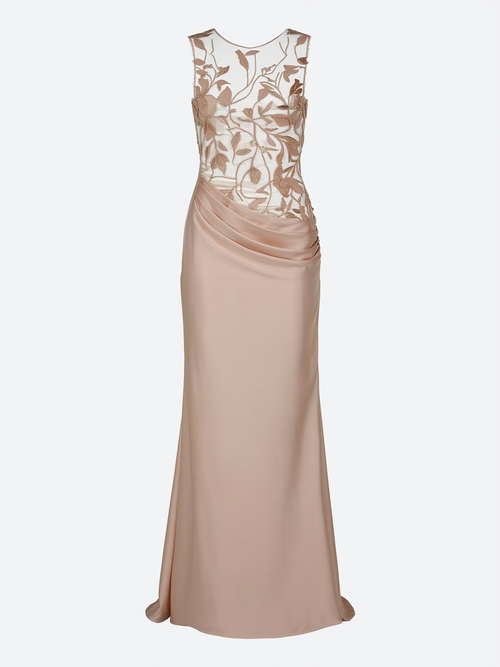 Satin maxi dress with embroidered mesh overlay