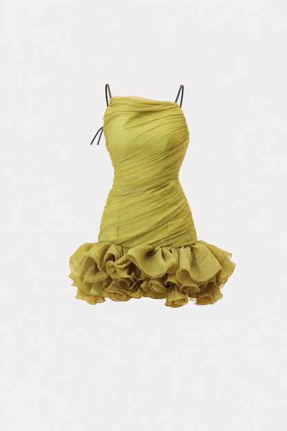 Olive ruched mini dress with ruffle hem
