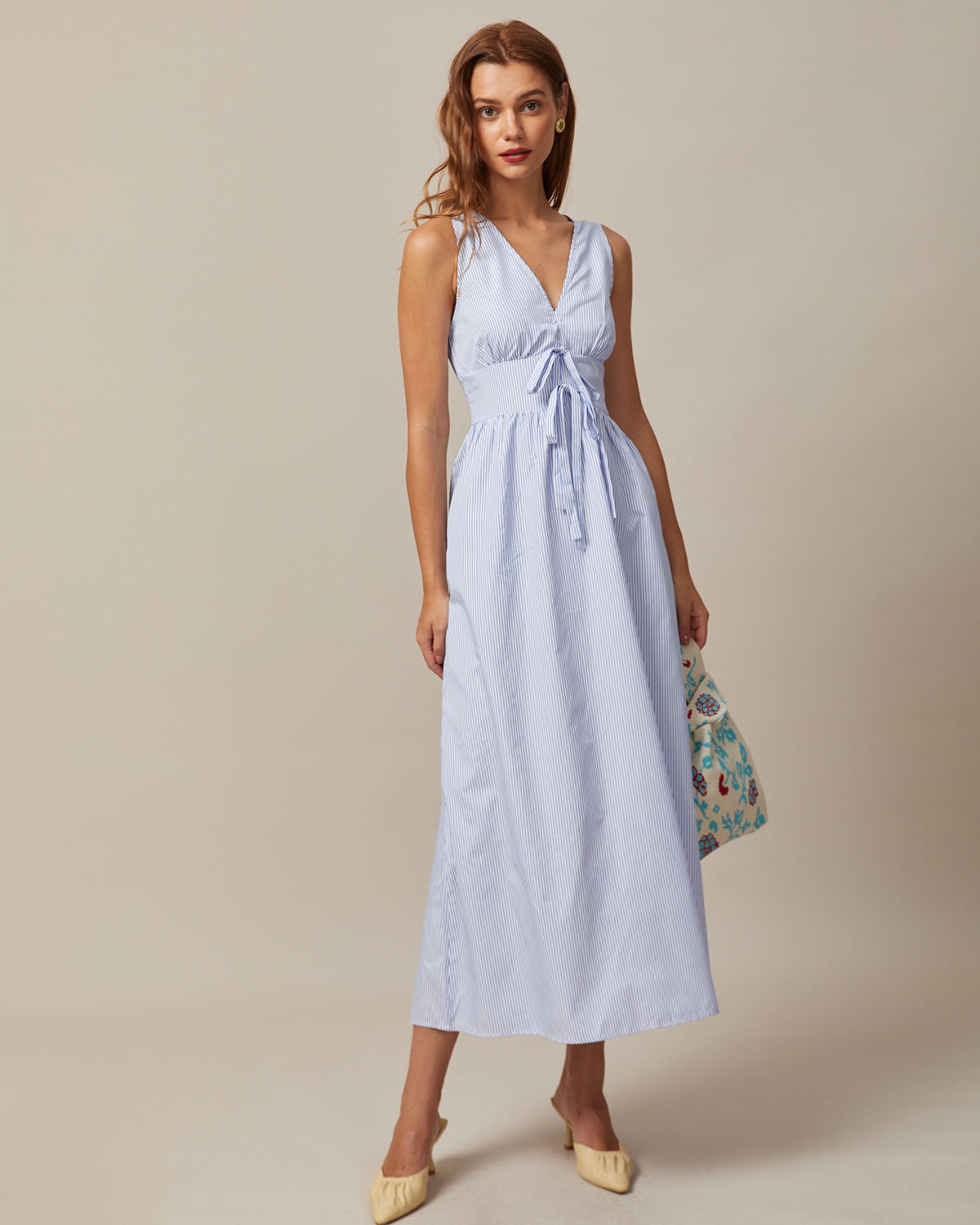 Blue Striped Maxi Dress with Tie Front - view 2