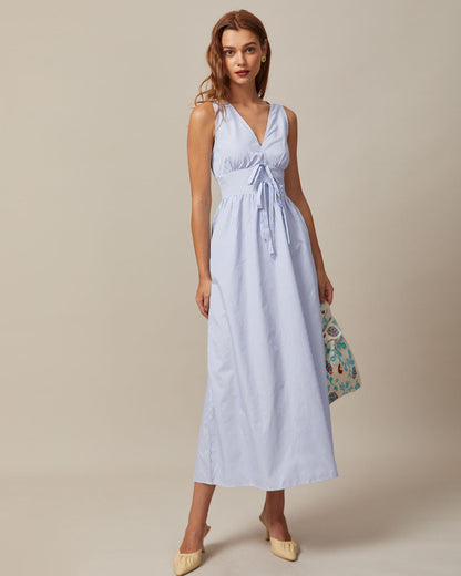 Blue Striped Maxi Dress with Tie Front - view 2