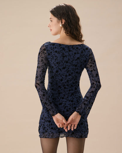 Blue Mesh Mini Dress with Long Bell Sleeves - view 4