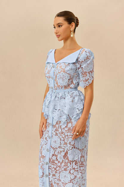 Off-Shoulder Belted Lace Midi Dress in Blue - view 5