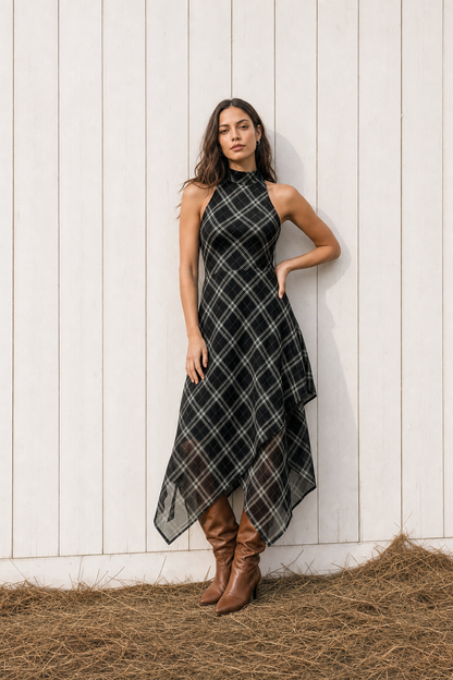 Plaid Jersey Halter Maxi Dress - view 4