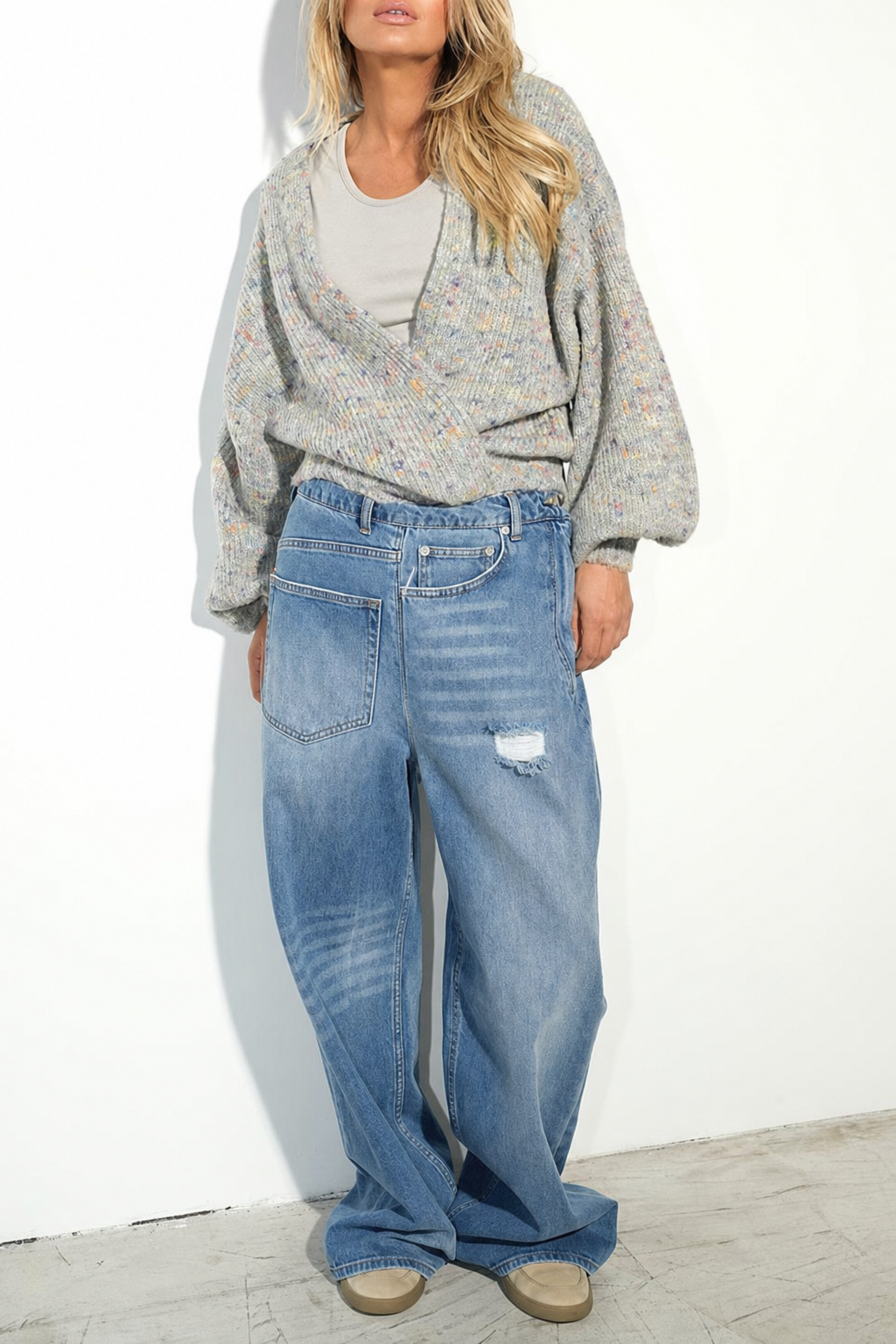 Distressed Wide Leg Jeans, Asymmetrical Pockets - view 5