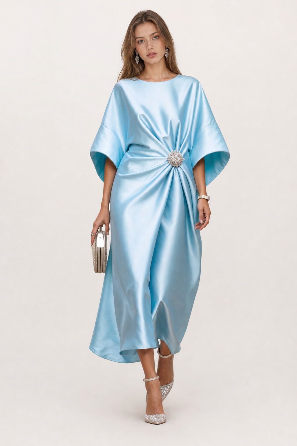 Satin maxi dress with draped cape sleeves - view 5