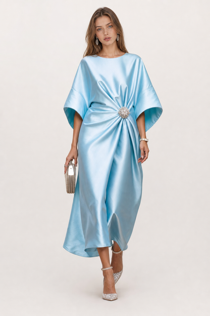 Satin maxi dress with draped cape sleeves - view 5