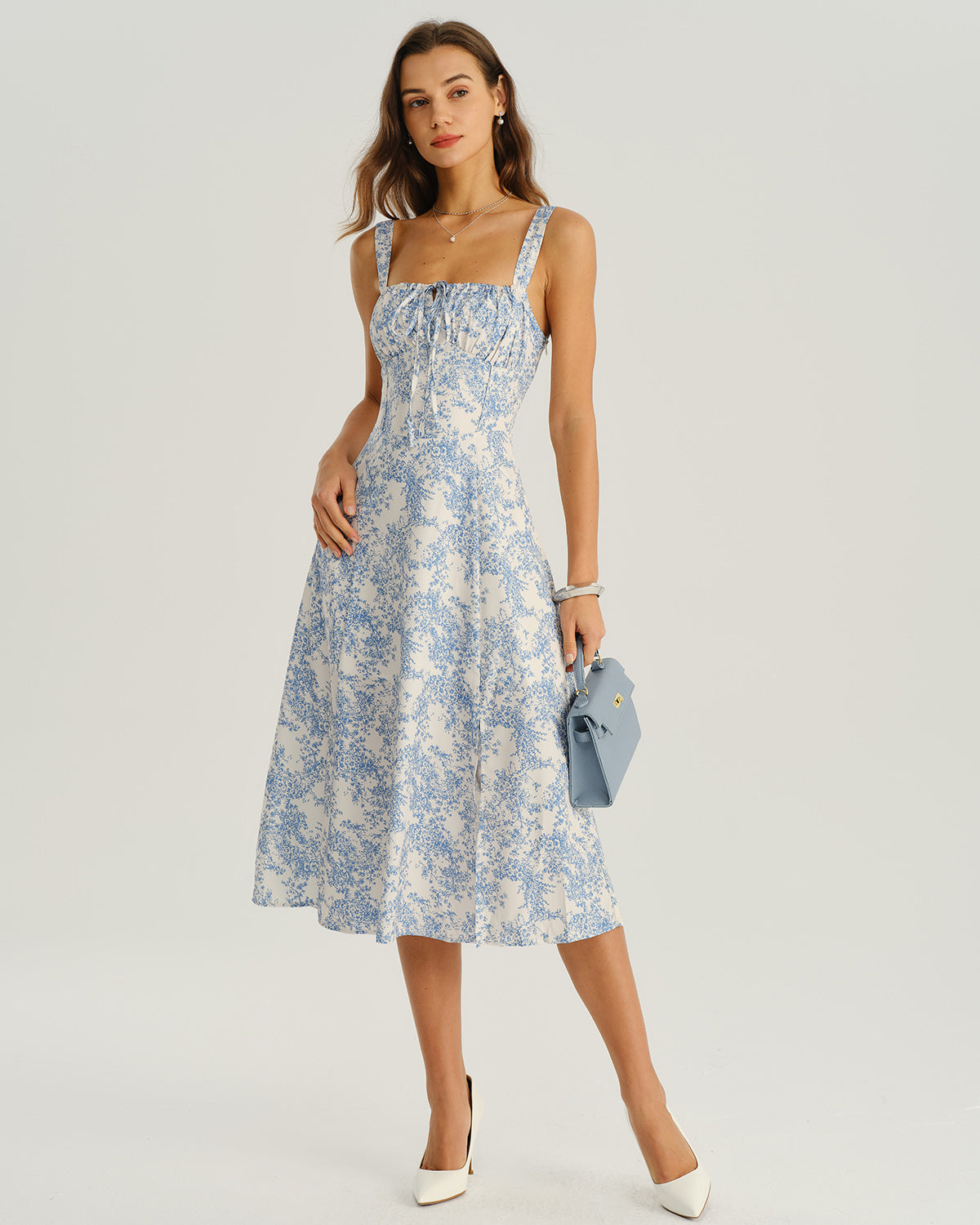 Blue Floral Slip Midi Dress with Side Slit - view 2