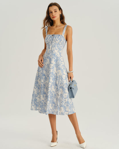 Blue Floral Slip Midi Dress with Side Slit - view 2