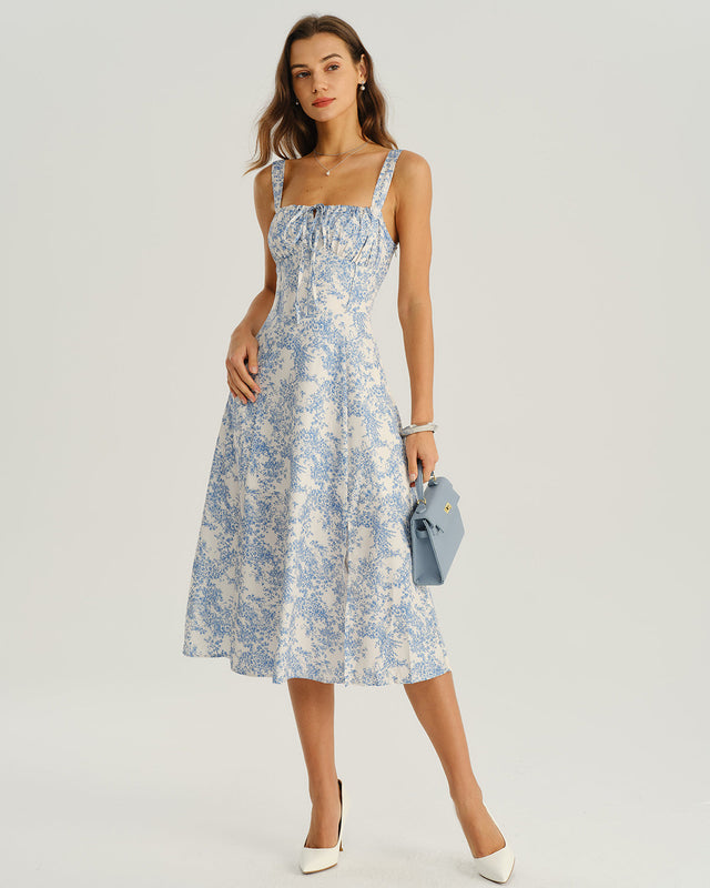 Blue Floral Slip Midi Dress With Ruched Bodice & Side Slit - 2