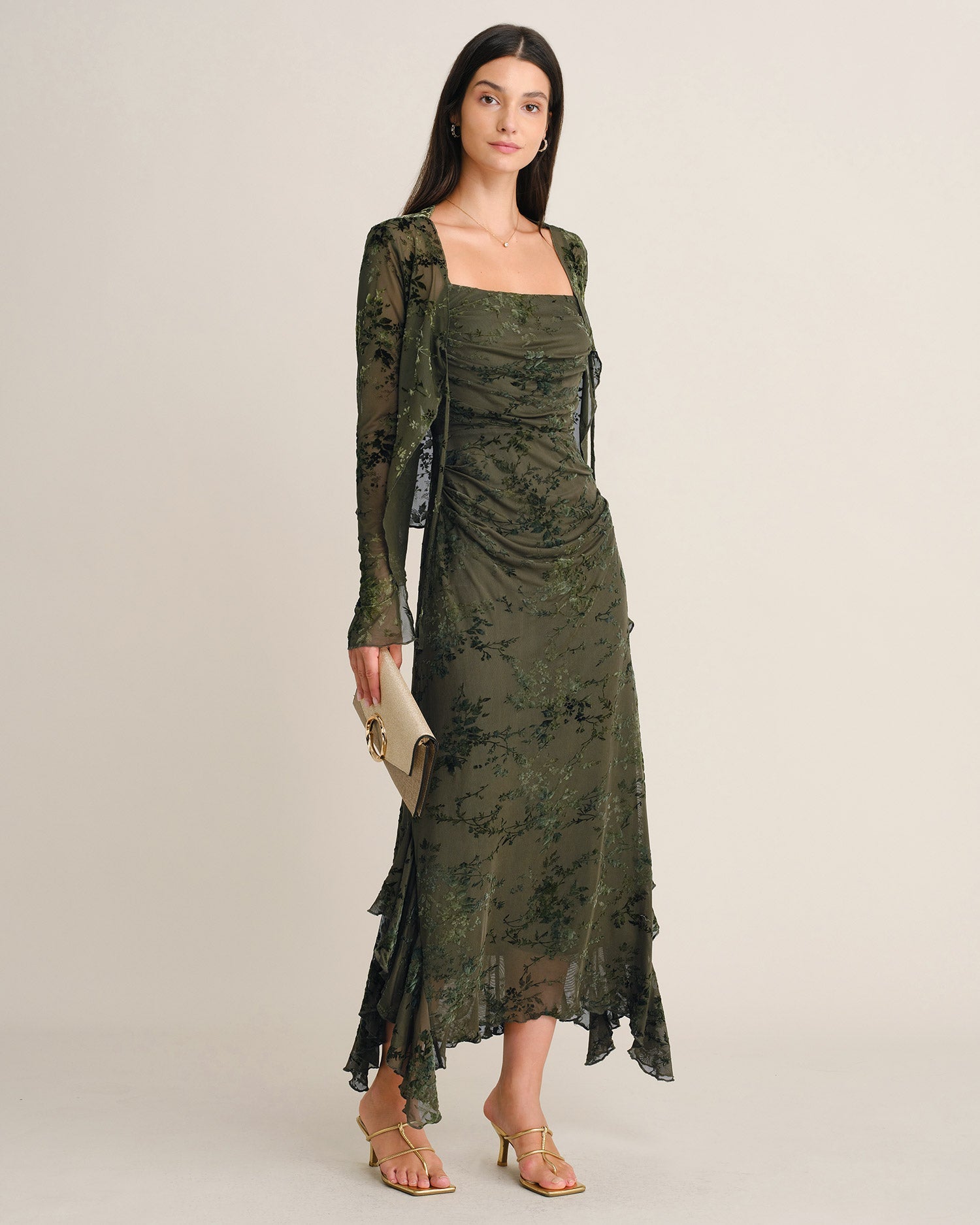 Green Mesh Floral Ruffle Midi Dress - view 6
