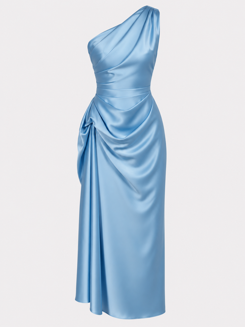 Satin one-shoulder midi dress with pleated waist
