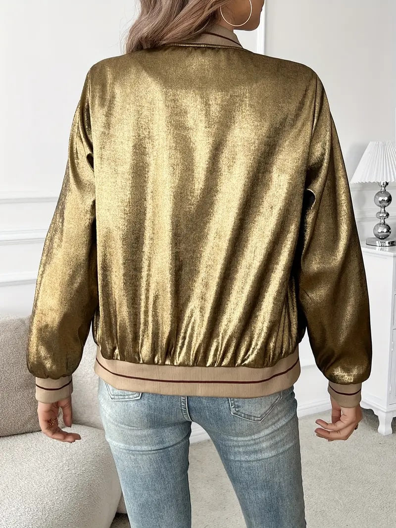 Metallic Bomber Jacket With Ribbed Collar - view 3
