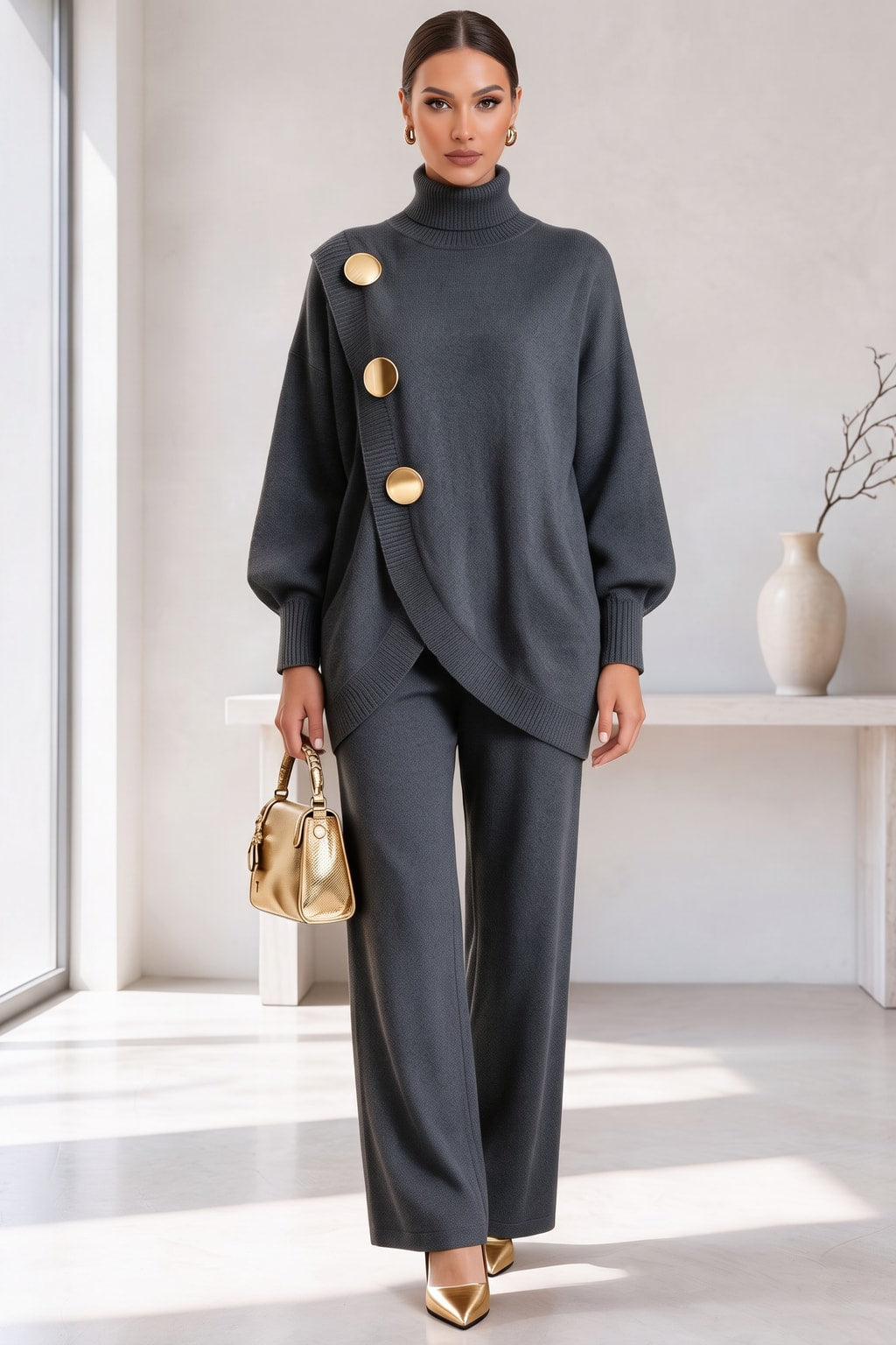 Knit Two-Piece Set With High Neck And Wide Leg Pants - 8