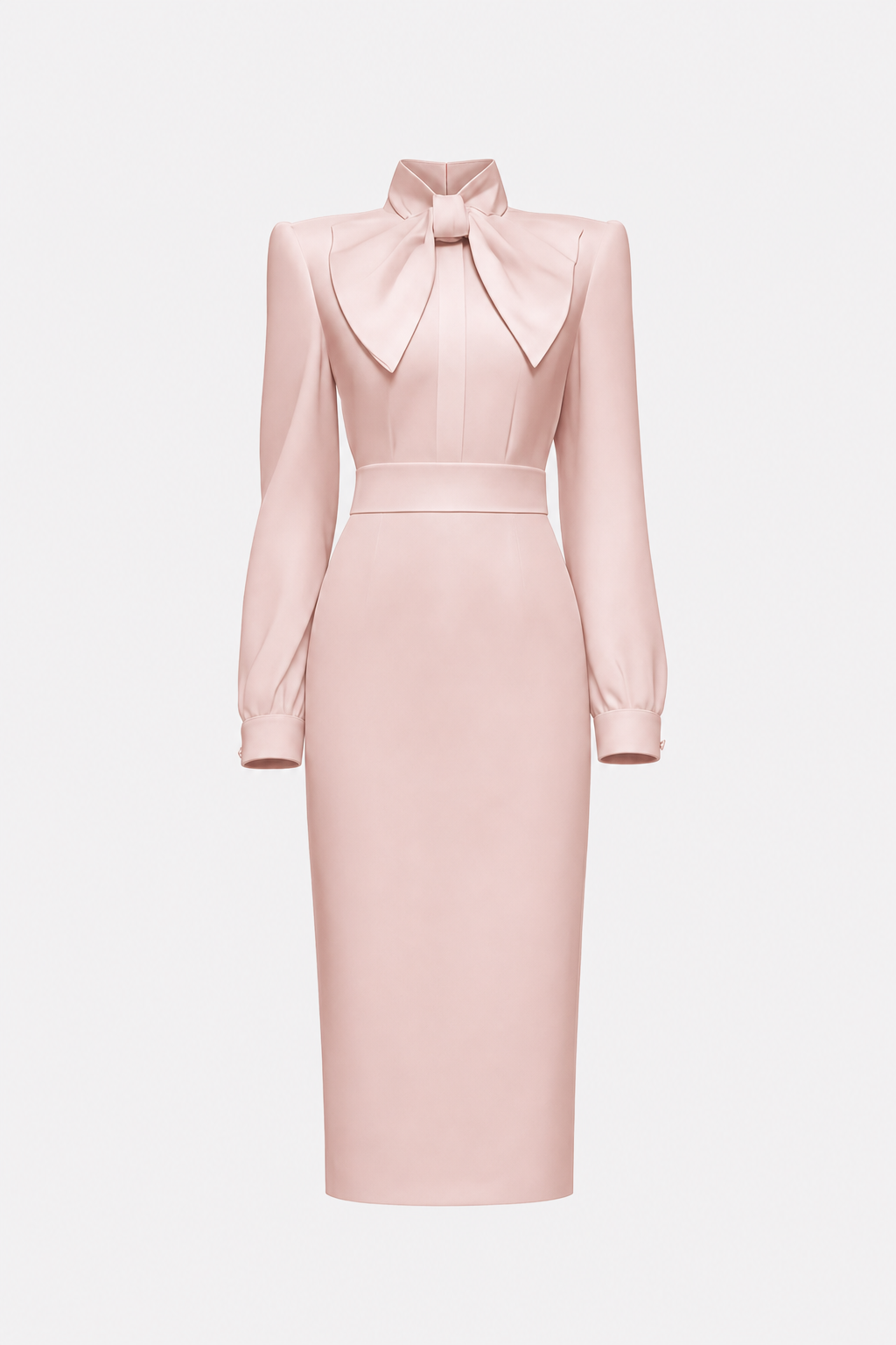Satin pencil work dress with high-neck bow - view 9