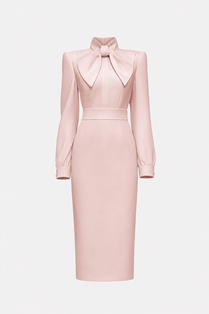 Satin pencil work dress with high-neck bow - view 9