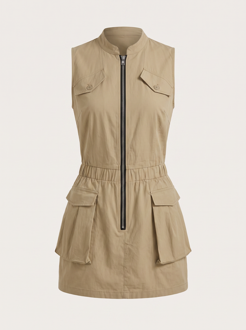 Khaki Sleeveless Cargo Dress