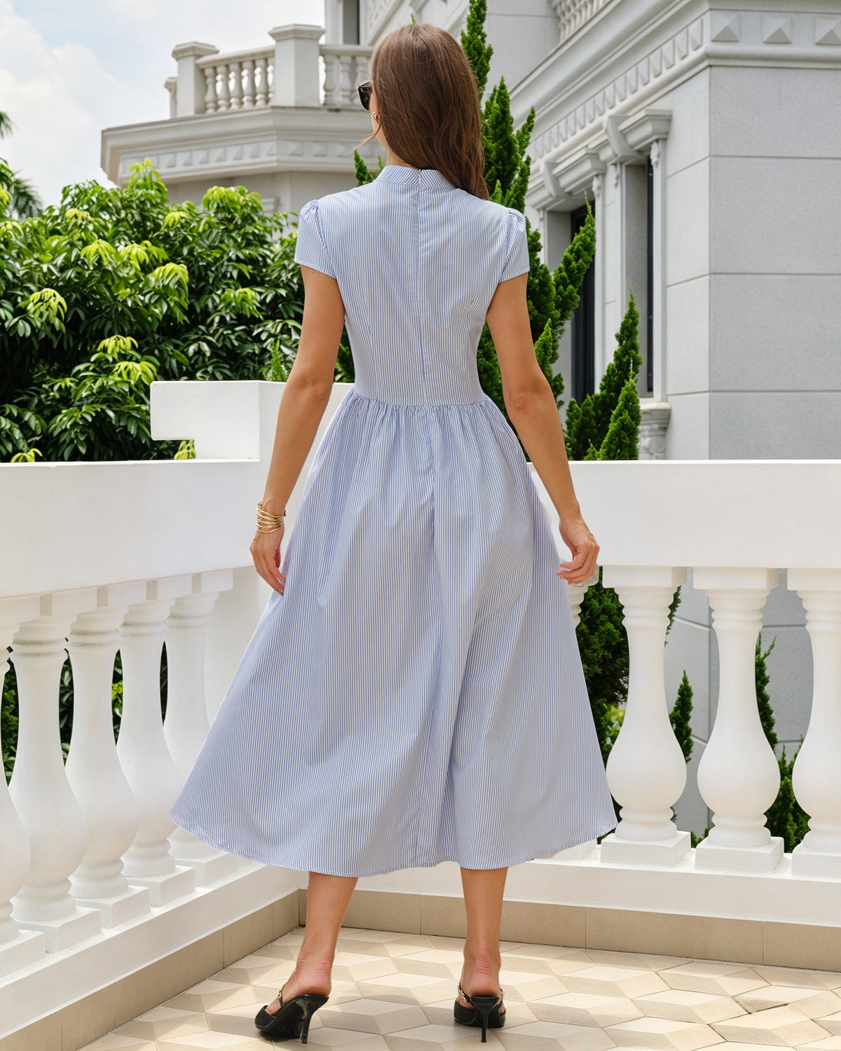 Blue Striped Mock Neck Midi Dress - view 4