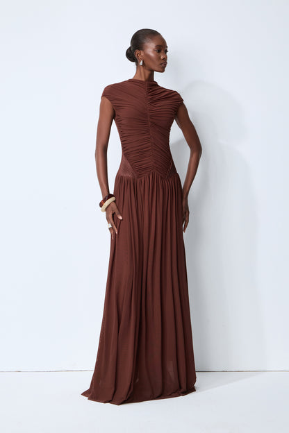 Brown Ruched Knit Maxi Dress, High Neck - view 2