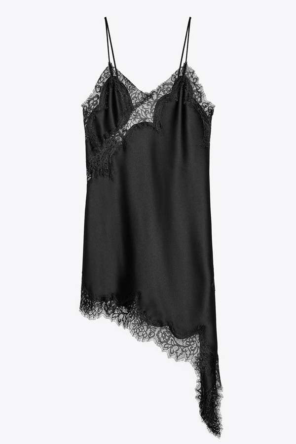 Satin slip mini dress with asymmetrical lace hem - view 7