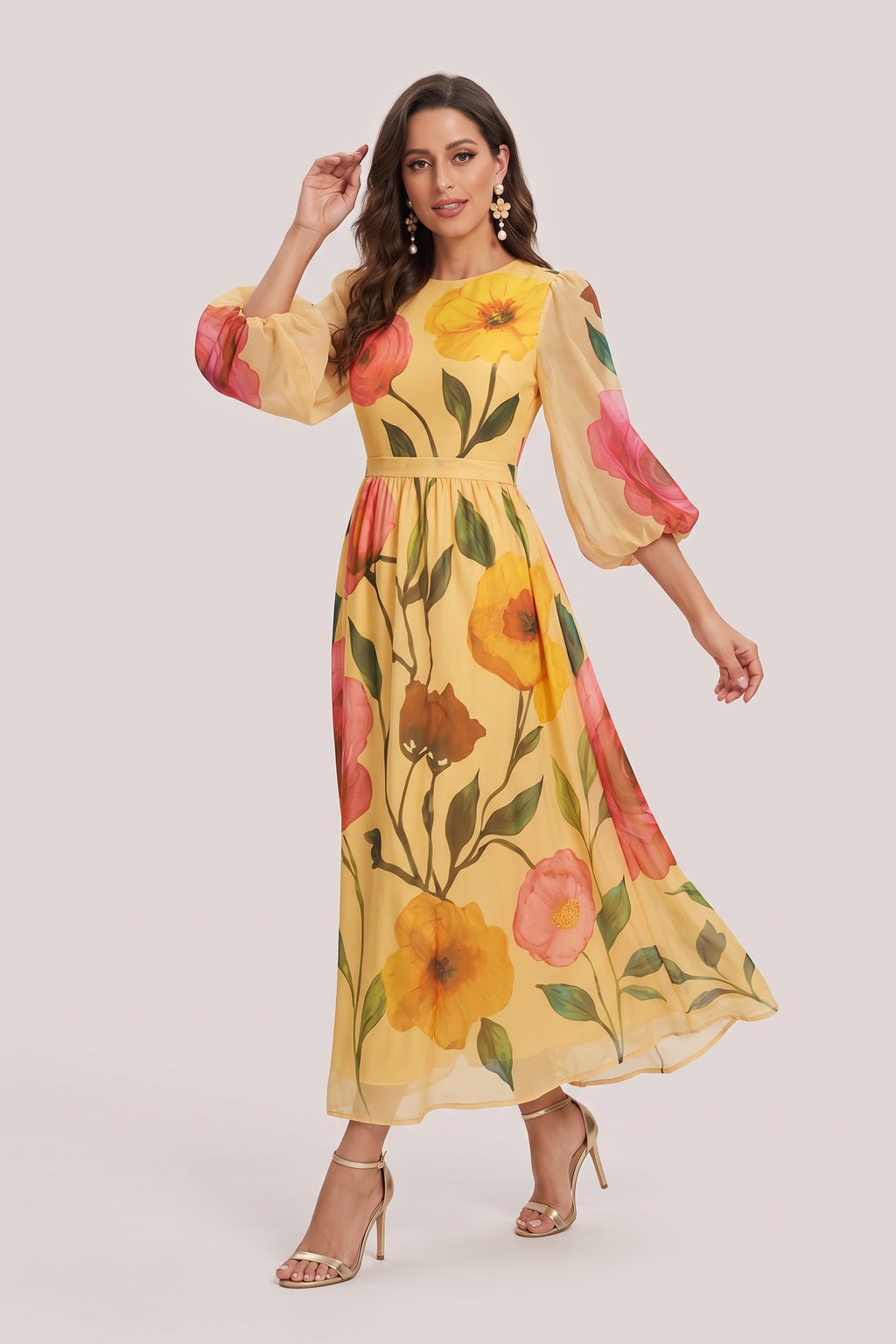 Relaxed Mesh Puff-Sleeve Floral Midi Dress - 3