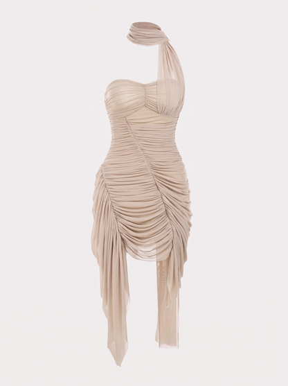 Khaki Mesh Patchwork Backless Mini Dress