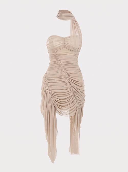 Khaki Mesh Patchwork Backless Mini Dress