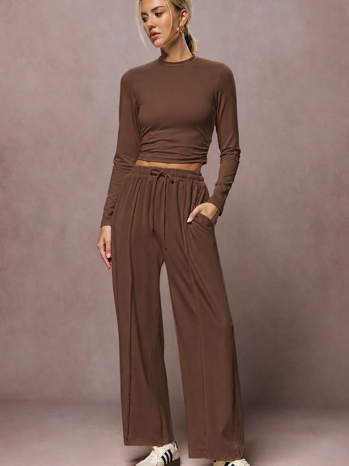 Ruched Jersey Top And Tie-Waist Wide-Leg Trouser Set - 8