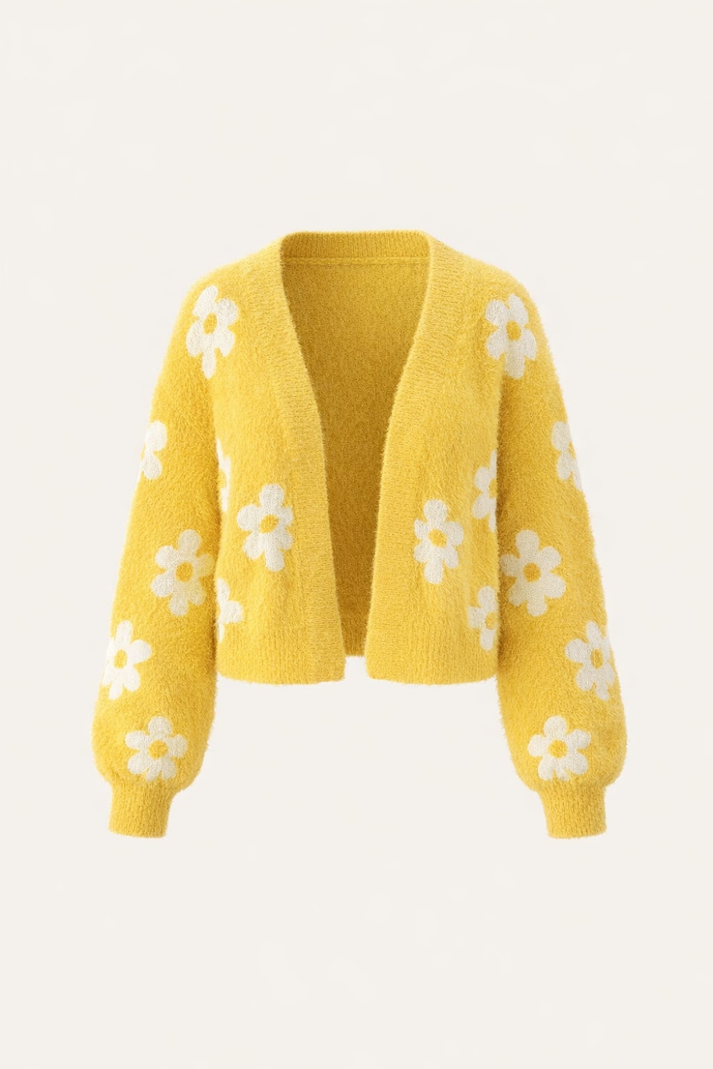 Fuzzy Longline Cardigan with Floral Pattern - 1