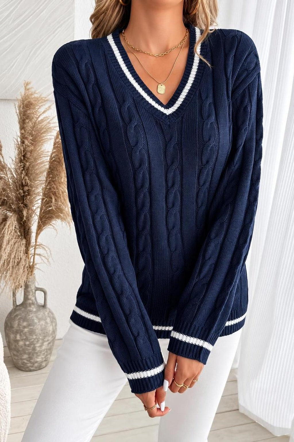 Cable Knit V-Neck Sweater - 3