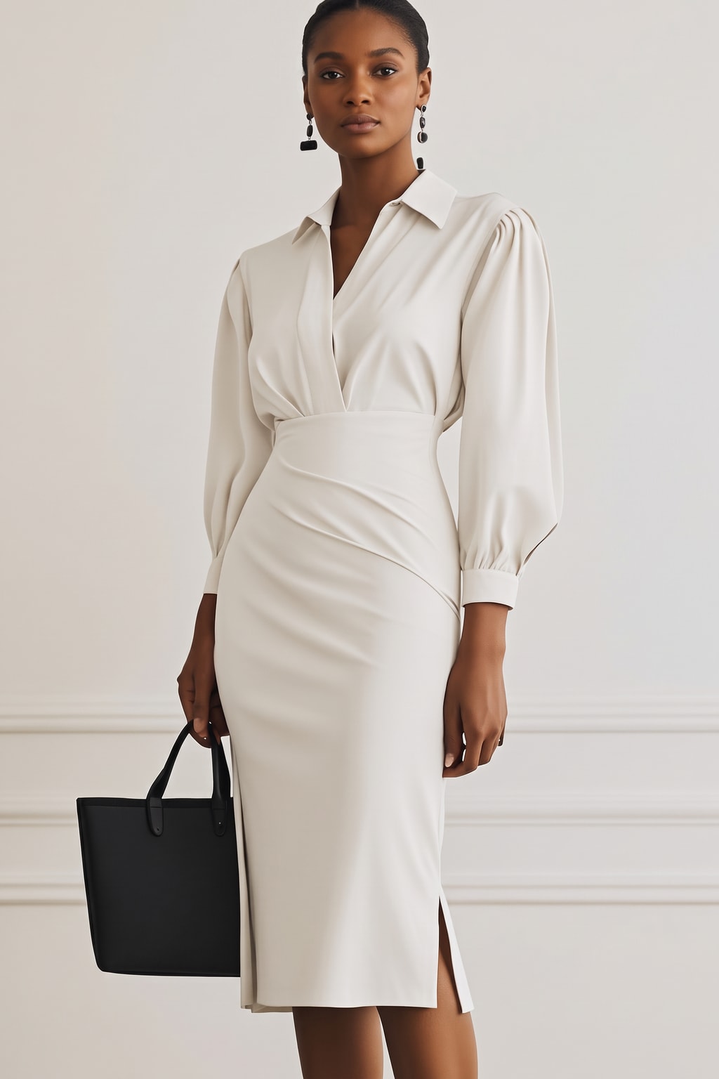 Polyester Ruched Shirt-Collar Two-Piece Skirt Set - 4