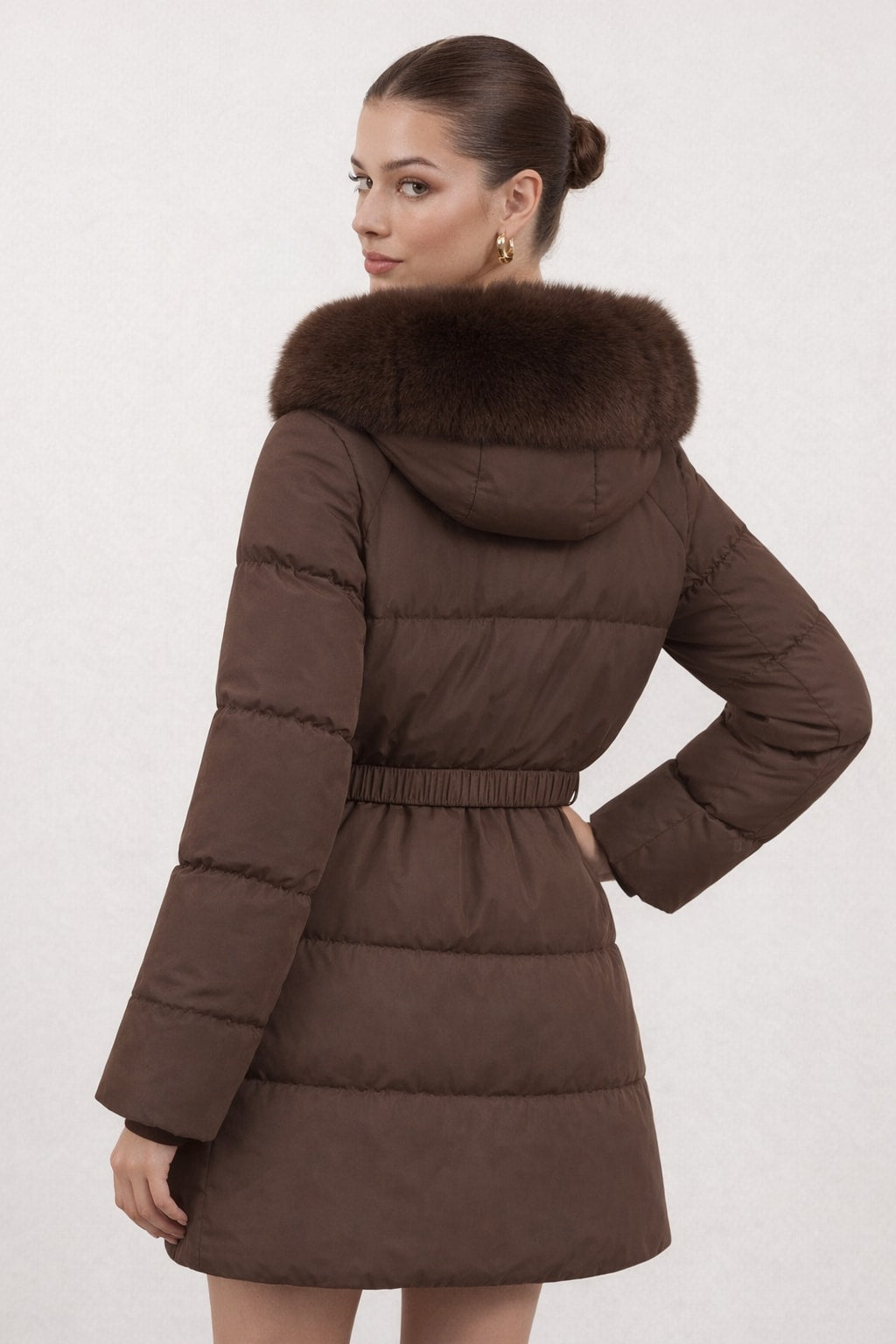 Cotton Mid-Length Jacket With Oversized Fur Collar - 3