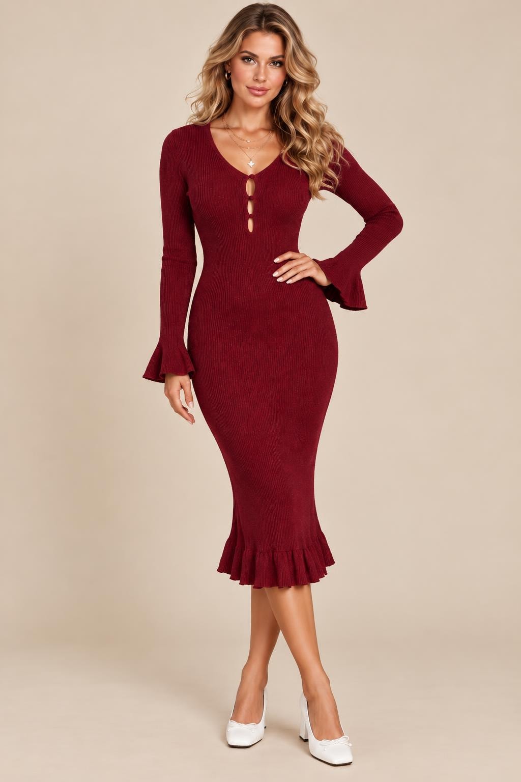 Polyester Blend Midi Dress With Ruffle Hem - 2