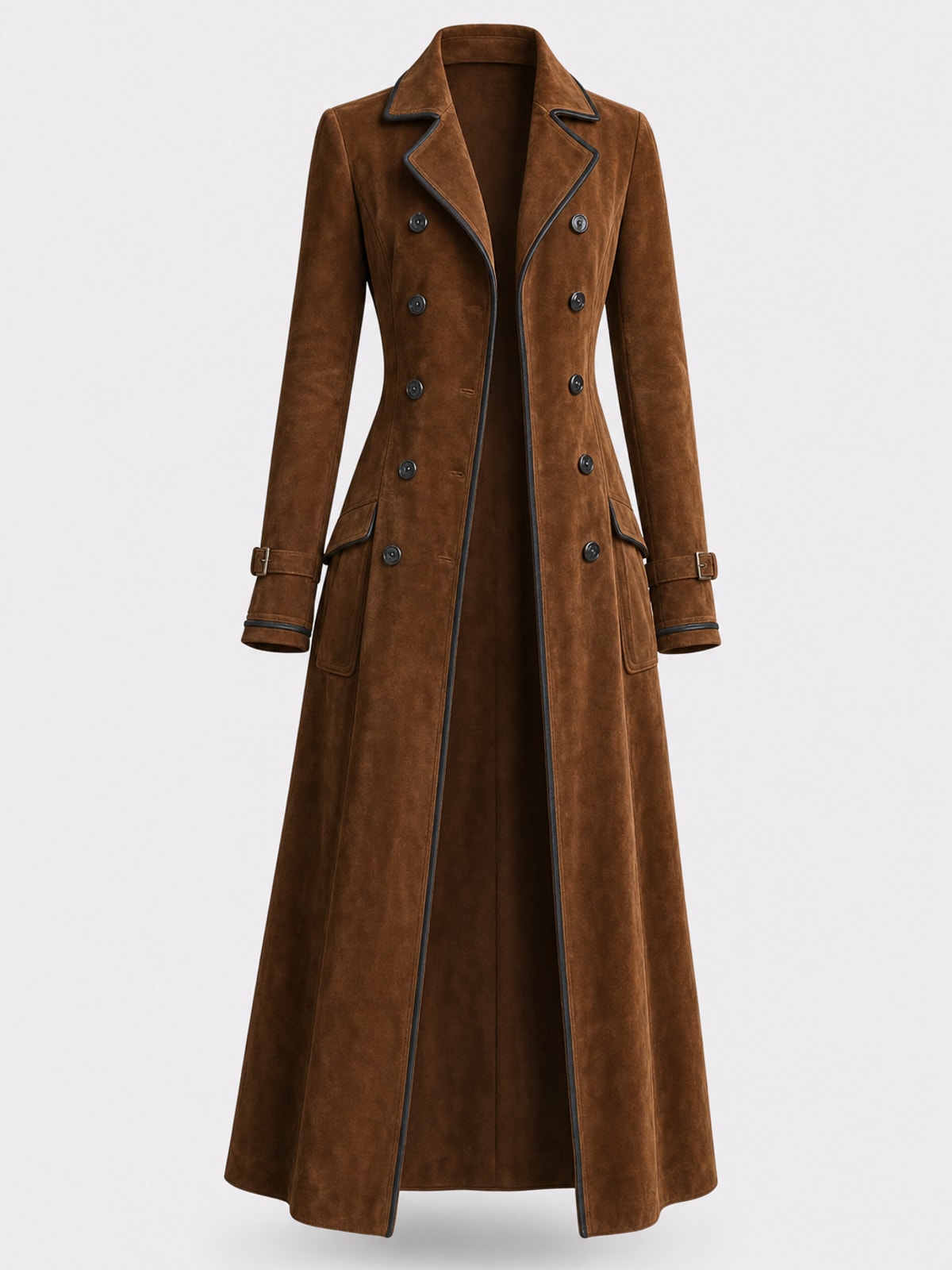 Faux Suede Double Breasted Long Trench Coat - 1
