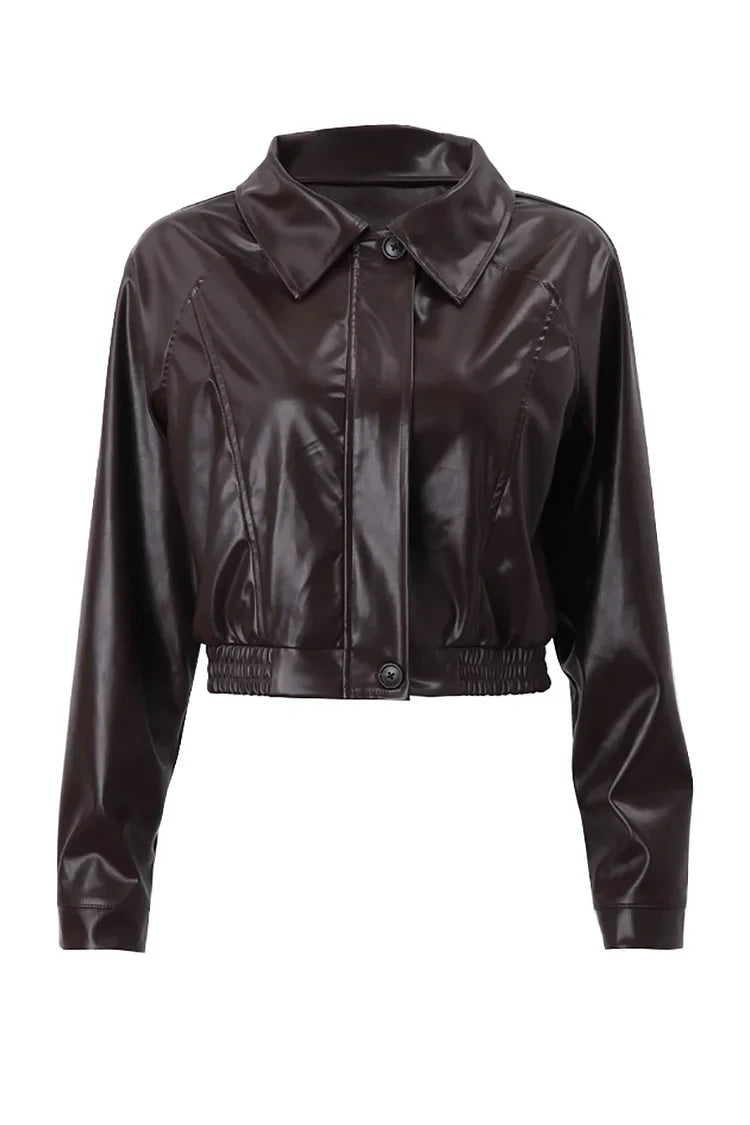 Brown Faux Leather Cropped Moto Jacket - view 6