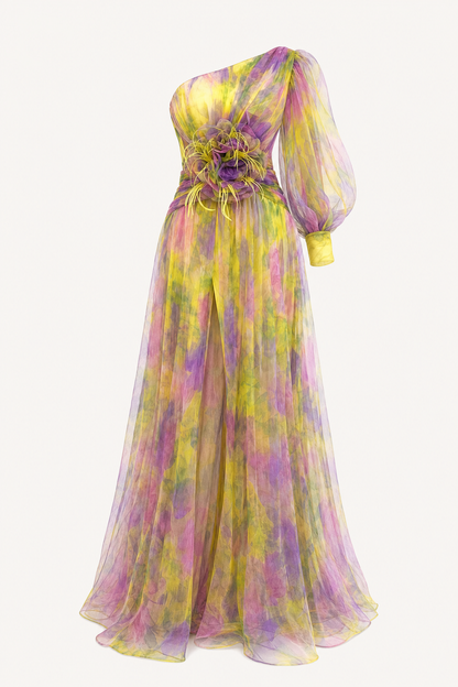 Tulle one-shoulder pleated maxi dress