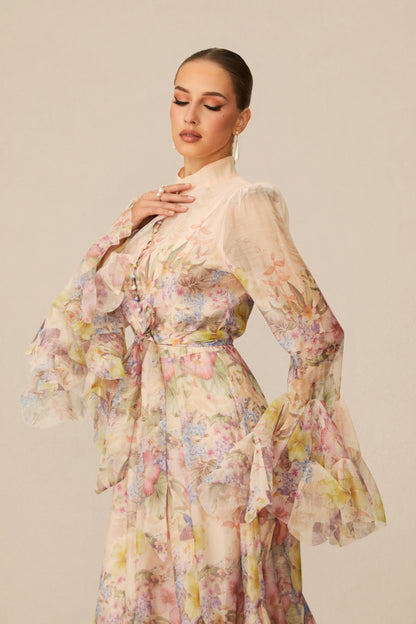 Floral Maxi Dress with Ruffle Cuffs and Tie Belt - view 3