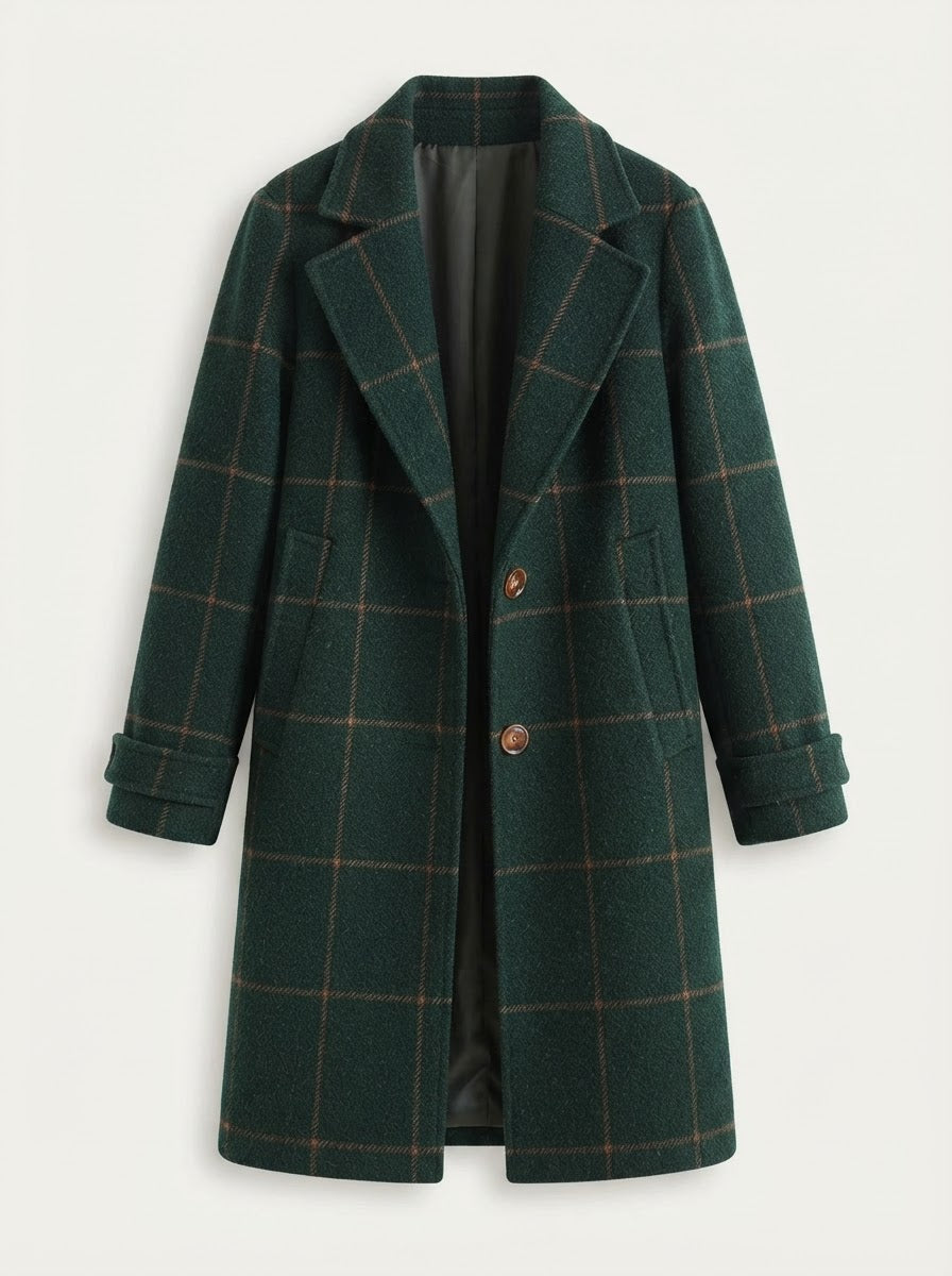 Dark green tweed plaid coat with lapel collar
