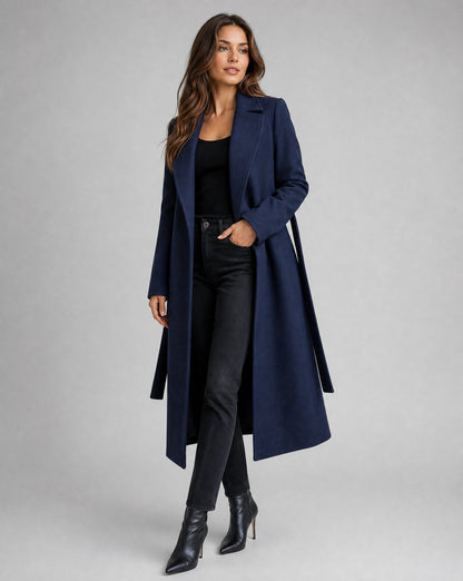 Navy wool blend trench coat with belted waist - view 3