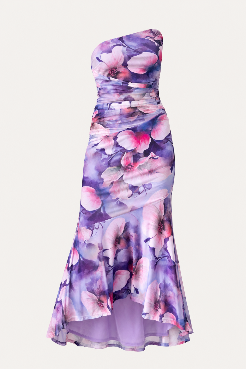 Floral Mesh Overlay One-Shoulder Maxi Dress