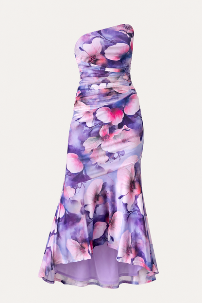 Floral Mesh Overlay One-Shoulder Maxi Dress