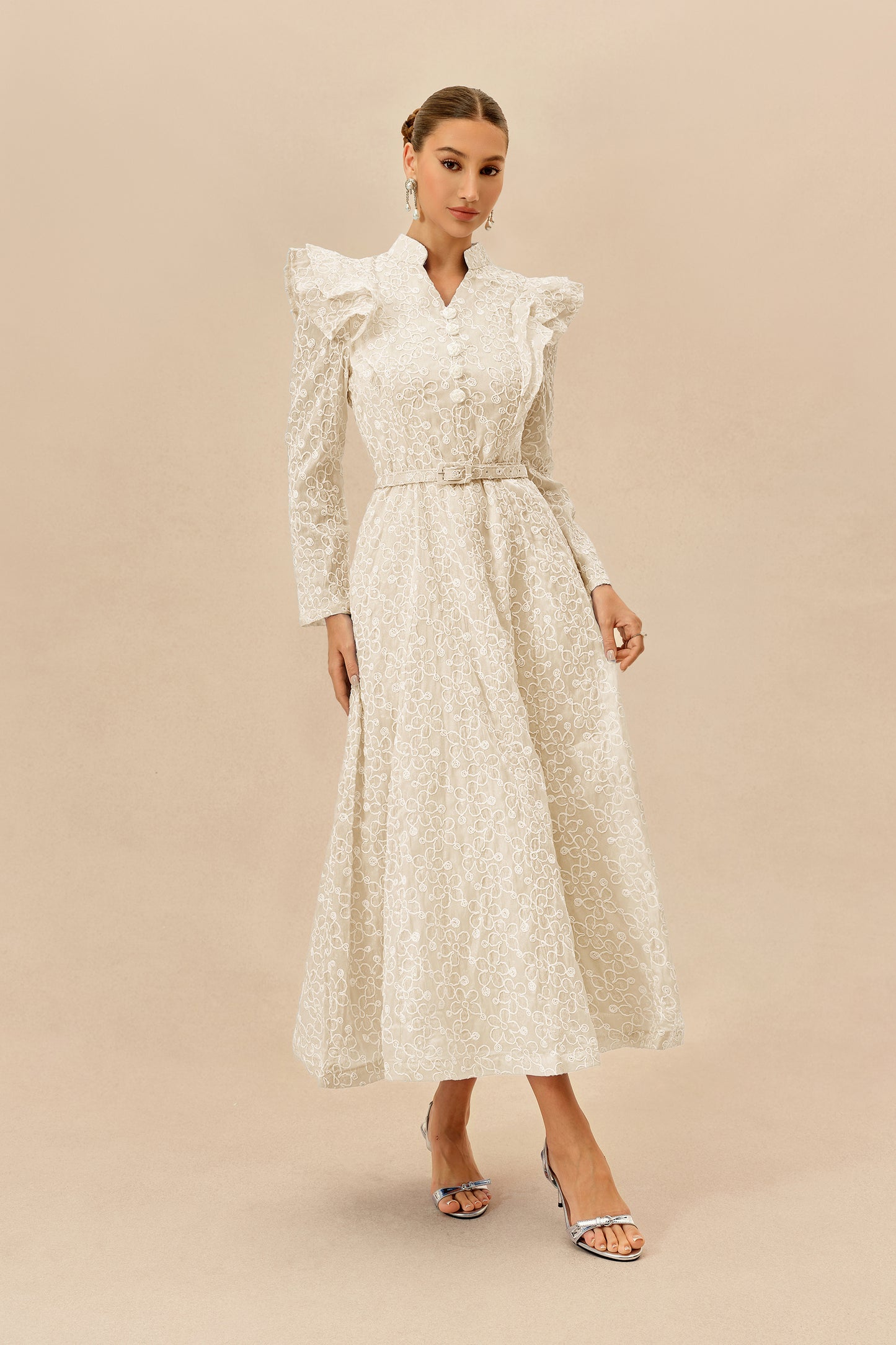 Beige floral embroidery belted maxi dress - view 2