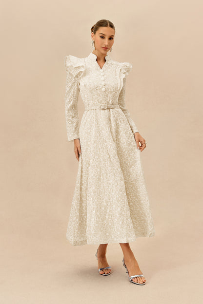 Beige floral embroidery belted maxi dress - view 2
