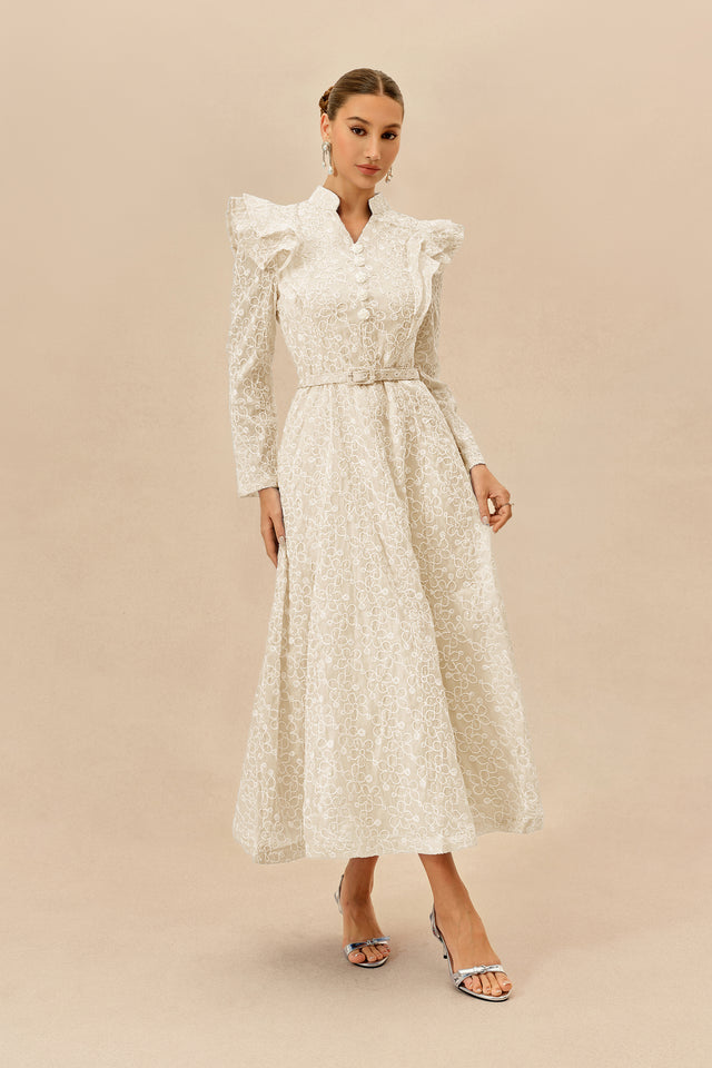 Terylene Floral Embroidery Belted Maxi Dress - 2