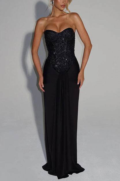 Sequined satin jersey off-shoulder maxi dress - view 3