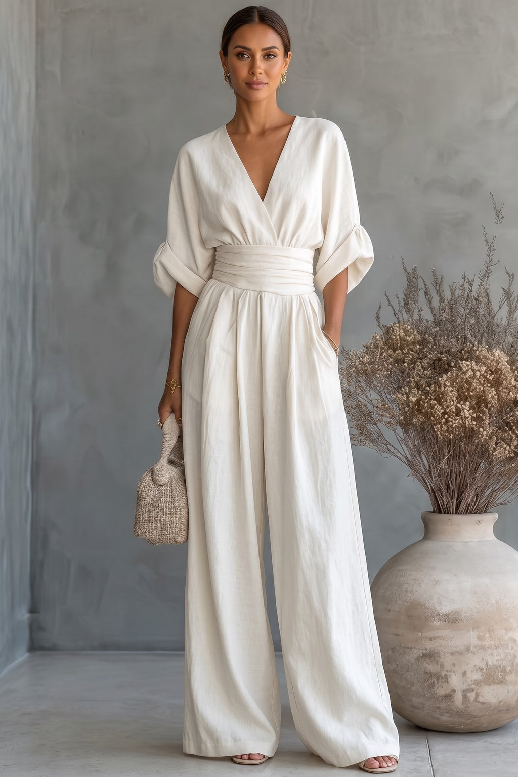 Polyester Wide Leg Jumpsuit With Ruched Detail - 6