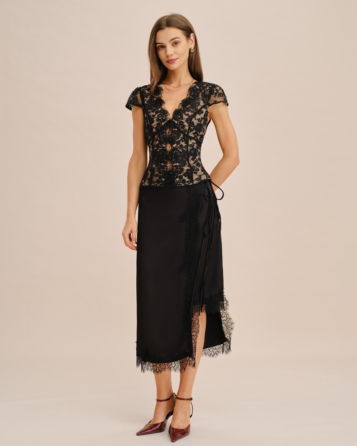 Black Lace V-Neck Button Blouse, Cap Sleeve - view 5